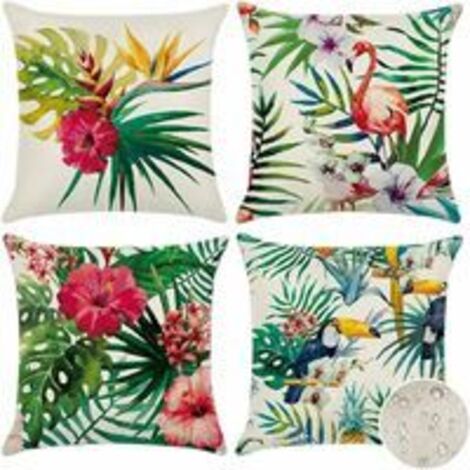 Extérieur Housse De Coussin, Lot De 4 Imperméable Plantes Et Fleurs Tropicales Et Oiseaux Motif Canapé Taie D'oreiller Pour Patio Jardin Salon Chambre Décoration, 45x45cm (1/5)