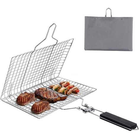 Panier de Barbecue En Acier Inoxydable, Panier Grille pour Barbecue, Acier Inoxydable Pliable Panier à Poisson En Acier Inoxydable avec Poignée Amovible pour Poisson, Steak, Crevette (1/5)