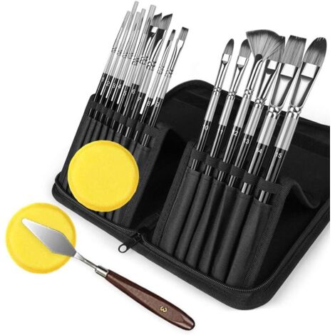 Ensemble de 15 pinceaux d'artiste pour peintures acryliques aquarelles peintures à l'huile peinture plate ronde avec éponges/couteau à peindre/sac (1/5)