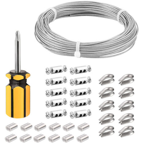 Cable Inox 2mm,50M/2mm Corde en Acier Inoxydable,Cable en Acier Revêtu avec Serre-Câbles,M3 Manchons,Cosses en Acier Inoxydable,2mm Cable Mtallique pour Fil a linge,Cable de Garde Corps (1/5)