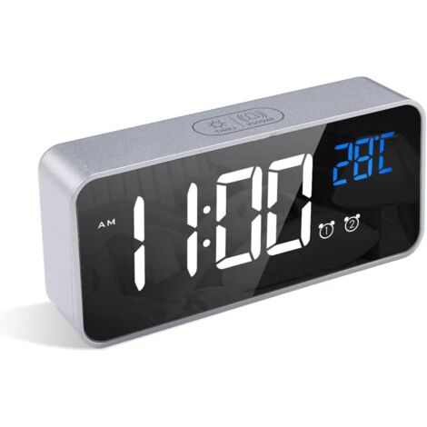 Réveil numérique avec affichage de la température LED, port de charge USB, volume d'alarme de miroir portable réglable, 12/24 h (argent)-Fei Yu (1/6)