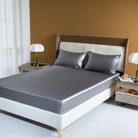 Drap-housse de couleur unie en soie avec sensation de fraîcheur estivale et protège-matelas en soie synthétique (1/3)