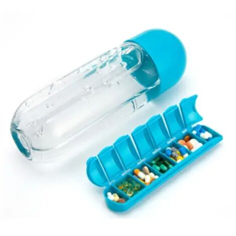 Bouteille d'eau de sport avec insert Organisateur de boîte quotidienne de 7 jours Verre à boire de qualité alimentaire de qualité médicale Bleu (1/4)