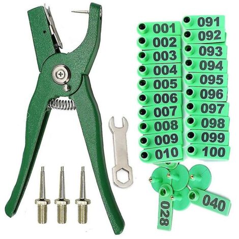 Pince pour étiquettes d'oreille pour animaux d'élevage, avec étiquettes d'oreille numérotées de 001 à 100 (1/3)