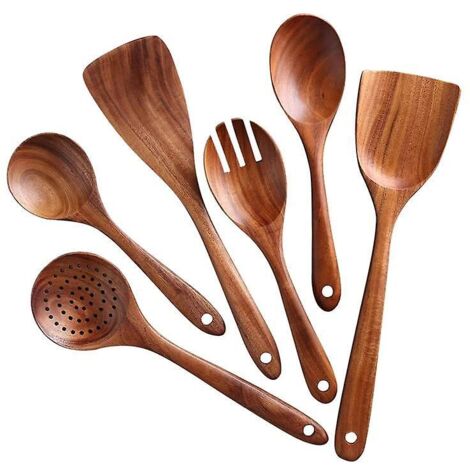 6pcs Teck Cuillère en bois massif Spatule Cuisine Cuisine En bois Pelle Vaisselle Ensembles d'outils de cuisson (1/3)