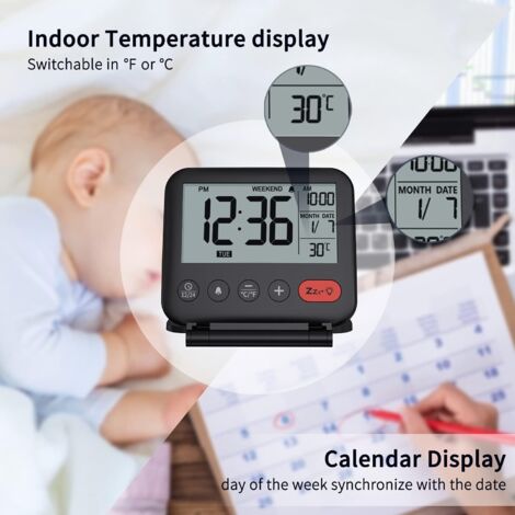 Réveil numérique pliable pour voyage, calendrier, température, minuterie, LCD rétroéclairé Réveil numérique pliable pour voyage, calendrier, température, minuterie, LCD rétroéclairé
