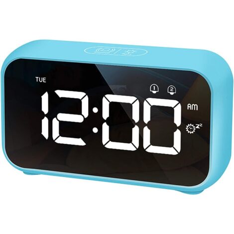 Réveil Numérique LED avec Fonction Snooze Surface Miroir Rechargeable USB 12 / 24H pour Bureau de Chambre Bleu-Fei Yu (1/5)