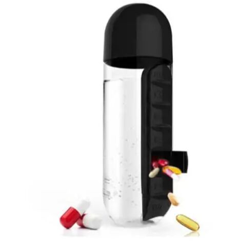 Bouteille d'eau de sport avec insert Organisateur de boîte quotidienne de 7 jours Verre à boire de qualité alimentaire de qualité médicale NOIR (1/4)