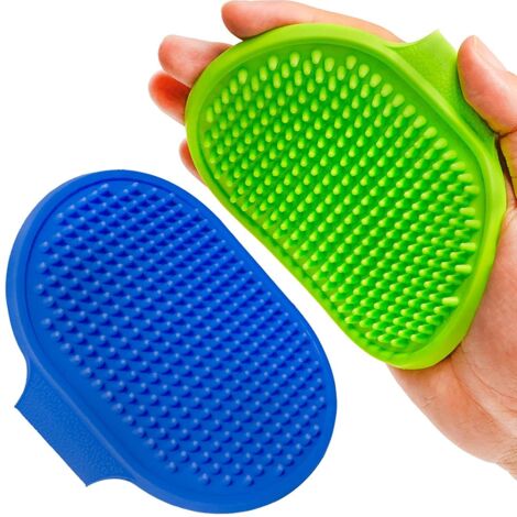 2 Pices Brosse de toilettage pour chien, shampoing pour animaux de compagnie, brosse de bain, massage apaisant, peigne en caoutchouc avec poignée en anneau réglable(bleu+vert) (1/5)