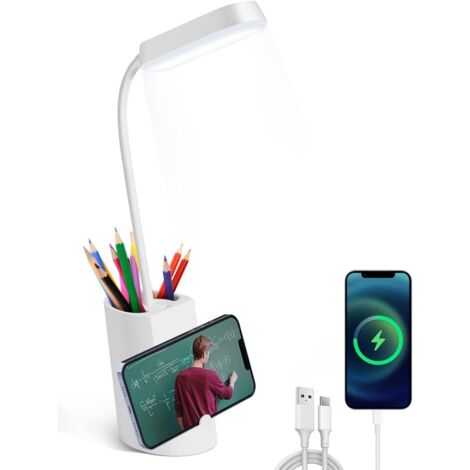 Lampe de Bureau LED, Lampe de Bureau Enfant Tactile Dimmable 3 Niveaux de LuminositéRe Chargeable Desk Lamp Sans Fil, Porte-Stylo et Support - Blanc-Fei Yu