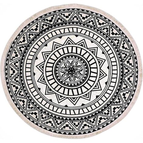 Tapis rond, 120 cm, tapis rond à franges, antidérapant, tissé à la main et facile à nettoyer, motif mandala bohème, tapis en coton-Fei Yu (1/5)