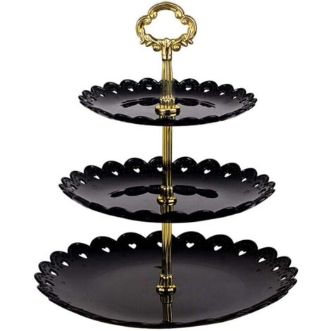 Présentoir à gâteaux avec poignée Présentoir à gâteaux à 3 niveaux, décoration de fête de mariage, comme assiette de fruits et assiette de service (noir, rond)-Fei Yu (1/5)