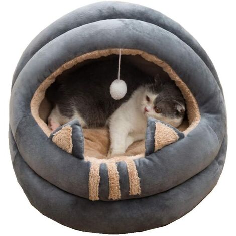 Niche et igloo pour chat 35 cm – Lit doux en peluche et coton PP – Design semi-fermé – Antidérapant et lavable en machine – Kueatily