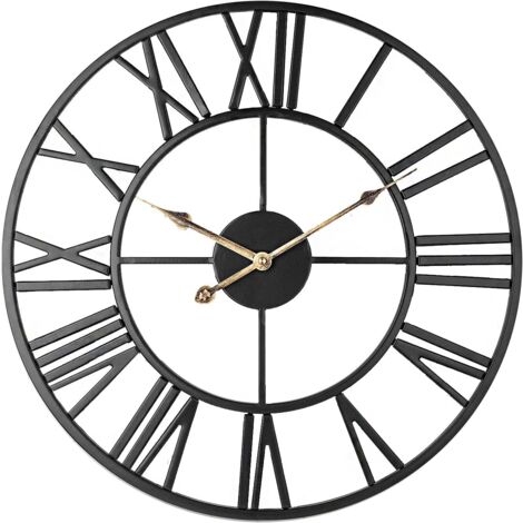 Horloge Murale Squelette Silencieuse, Chiffres Romains 40cm Grande Horloge Vintage En Métal pour Salon Cuisine Café Hôtel Chambre Décor (Noir-Or)-Fei Yu