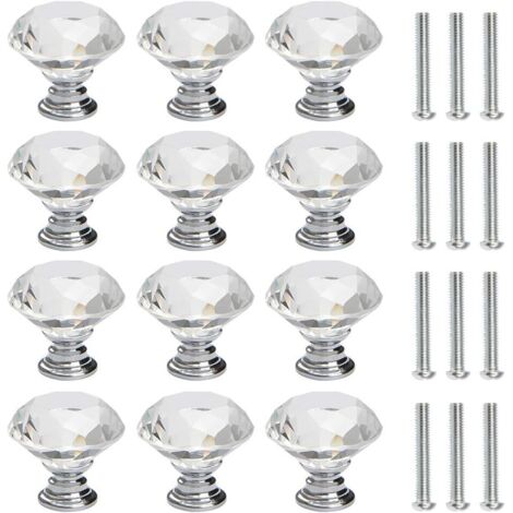 12 pcs bouton de porte commode cristal diament de 30 mm bouton de porte avec vis décoration porte armoire Tiroir meuble bouton de tiroir argent-Fei Yu (1/5)