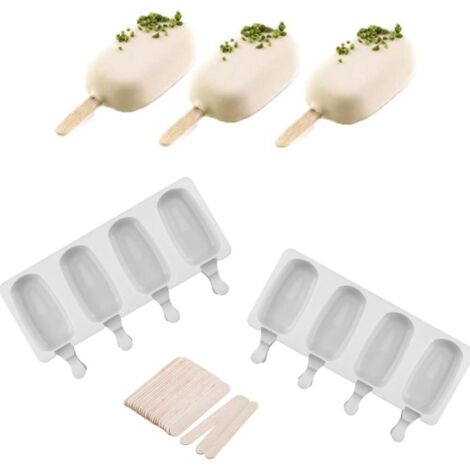 Lot de 2 moules en siliCône à 4 cavités, réutilisables - pour jus de fruits, crème glacée - Forme ovale classique, anti-adhésif, avec 50 batonnets en bois-Fei Yu (1/5)