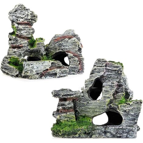 2 pcs Aquarium Ornement Vue sur Rocheux sous Forme de Cave avec de l'herbe Verte pour Cacher Les crevettes et Les Poissons Paysage Roche Cacher Arbre De Grotte Aquarium Décoration-Fei Yu (1/5)