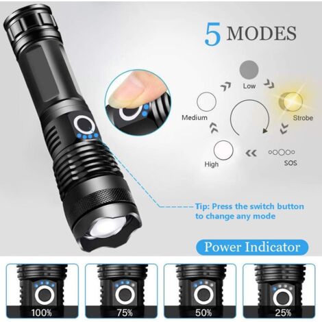 Lampe De Poche LED Super Puissante, Rechargeable 500 000 Lumens Zoom 5 Modes Etanche Ip67 Parfaite Pour Camping Randonnee Et Peche 96776415
