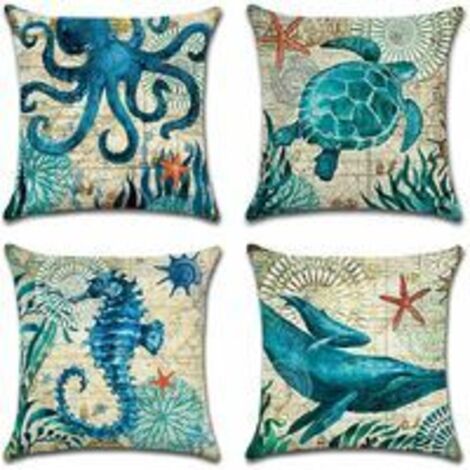 Extérieur Housse De Coussin, Lot De 4 Imperméable La Vie Marine Bleue Motif Canapé Taie D'oreiller Pour Patio Jardin Salon Chambre Décoration, 45x45cm (1/5)