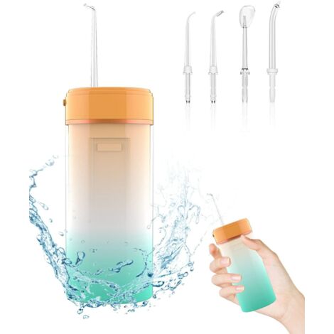 Hydropulseur Jet Dentaire Portable, Hydropulseurs Sans Fil Irrigateur Oral avec 4 Buses à Jet, IPX6 Etanche, 4 Modes( Doux/Fort/Pulsé/d'action Ponctuelle), Réservoir d'eau 160ML (Orange)-Fei Yu