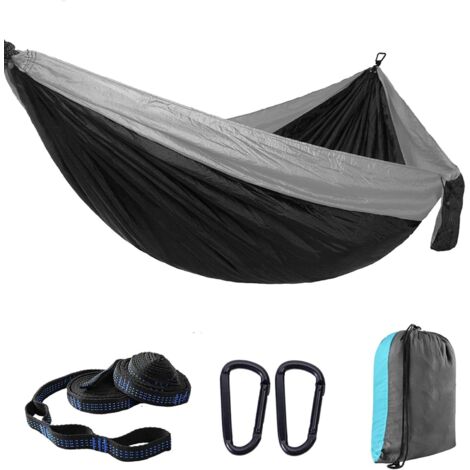 Hamac Jardin Exterieur Voyage Ultra-léger Double Couche Durable en Parachute Nylon Max Payload 300KG270x140cm 2 Mousquetons2 SanglesHamac de Camping Randonnée Trekking (Gris)-Fei Yu (1/2)