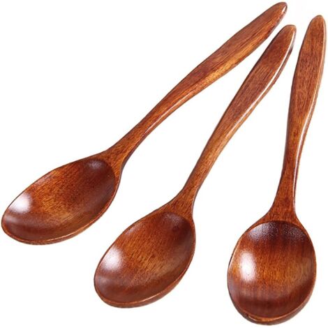 Cuillères en Bois Cuillères en Bambou Cuisine Cuillères à Confiture de Miel Rétro Enfant Cuillère à Café Cuillères à Soupe (3 Pièces)-Fei Yu