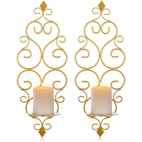 Lot de 2 Bougeoirs Photophore Chandelier Porte Bougie Mural Murale Muraux en Métal, Bougeoir pour Mur Chambre Salle de Bains Salon Decoration, Or-Fei Yu (1/5)