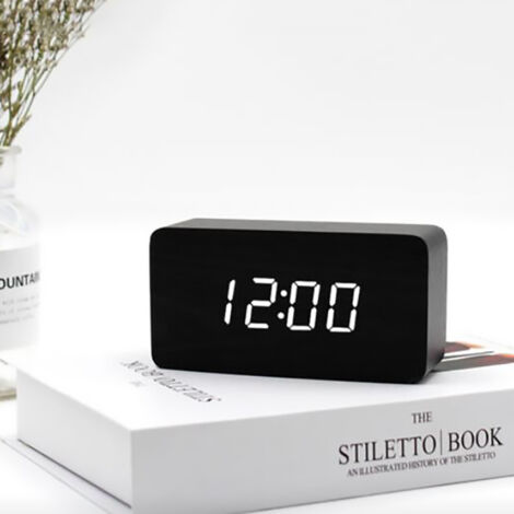 Numérique Réveil Bois Réglable Luminosité Contrôle Vocal LED Horloge Rectangle Affichage Temps Température Décor À La Maison (1/5)
