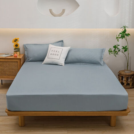 Drap de lit tout compris en coton lavé de couleur unie, protège-matelas antidérapant, housse anti-poussière, couvre-lit simple, taie d'oreiller (1/3)