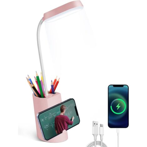 Lampe de Bureau Enfant, Lampe de Bureau LED Tactile Dimmable 3 Niveaux de LuminositéRe Chargeable Animal Desk Lamp Sans Fil, Porte-Stylo et Support - Rose-Fei Yu