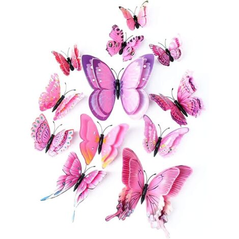 Papillon artificiel à double ailes 3D, décoration de mariage/fête/maison 12 pièces (Rose)-Fei Yu (1/4)