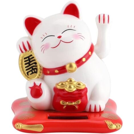 Solaire Propulsé Feng Shui Mignon Agitant Argent Chat Bonne Chance Richesse Fortune Accueillant Chats Accueil Affichage Voiture Décor Décoration(Blanc)-Fei Yu (1/3)