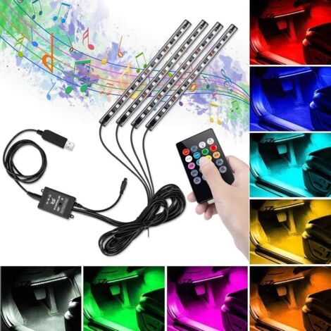 Éclairage intérieur de voiture LED, éclairage de plancher à LED, RVB, éclairage ambiant, lumière d'ambiance intérieure de voiture avec port USB et télécommande-Fei Yu (1/5)