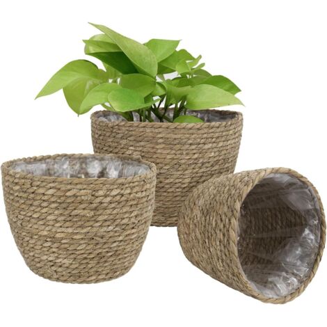 Panier à Plantes d'herbe de Mer pour Un Usage Interne et Externe, Couvercle de Pots de Fleurs, Contenants de Plantes, Naturel(3 Paquets)-Fei Yu