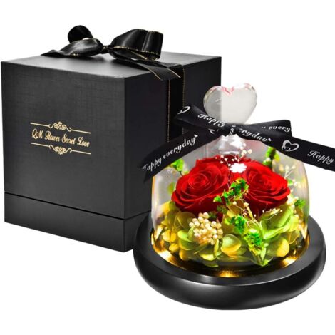 Naturelle Rose Eternelle Sous Cloche, La Belle et La Bete avec des lumières LED Fleurs éternelles (Base Noire)-Fei Yu (1/4)