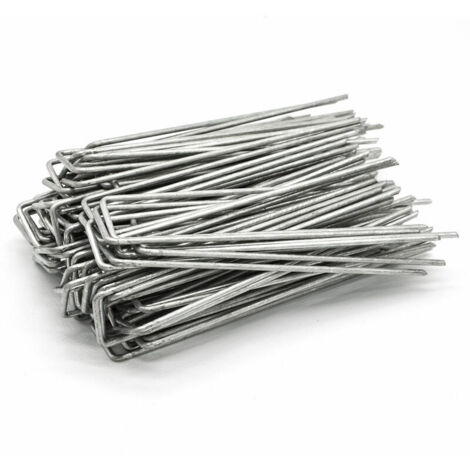 Set 100 Piquets en acier galvanisé Ø3.0mm 150x30mm ancrage au sol pour bâches filets de jardinage en U Anguleux (1/4)
