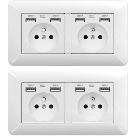 Pack 2 Enchufe Doble 16A Empotrado – 2 Tomas + 4 Puertos USB 5V/2.1A Hogar y Oficina