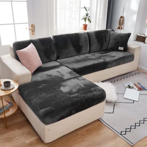 Velvet Stretch Couch Cushion Slipcover Sofa Seat Cover 1 Piece Universal Velvet Wear-Resistant Sofa Cover Furniture Protector with Elastic Bottom (Dark Grey)
