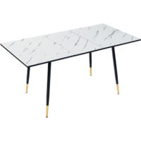 URBAN MEUBLE Tavolo da pranzo rettangolare allungabile in effetto marmo bianco, stile scandinavo, con gambe a pois dorati, 120-160 cm