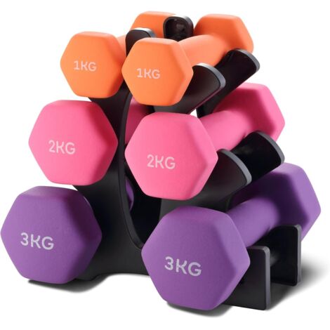 TEENO Manubri in Neoprene Set da 6 con Supporto, Palestra, Superficie Resistente all'Acqua, 2 x 1 kg, 2 x 2 kg, 2 x 3 kg, Kit di Manubri per Sollevamento Pesi, Allenamento di Forza a Casa