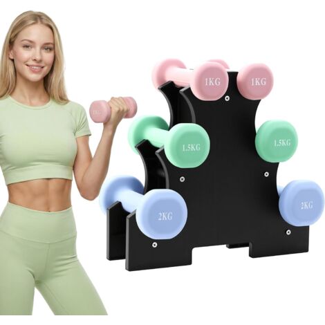 TEENO Manubri in Neoprene Set da 6 con Supporto, Palestra, Superficie Resistente all'Acqua, 2 x 1 kg, 2 x 1,5 kg, 2 x 3 kg, Antiscivolo, Fitness a Casa, Allenamento per Braccia e Spalle