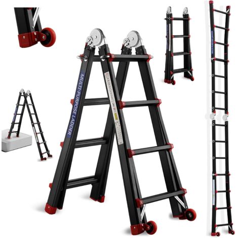 Scala Telescopica 4 M in Alluminio TEENO, Scala 4x4 Gradini, Struttura Rinforzata, Gradini Retrattili, Scala Retrattile con Ruote Rimovibili, Pieghevole Professionale Multifunzione, Nero