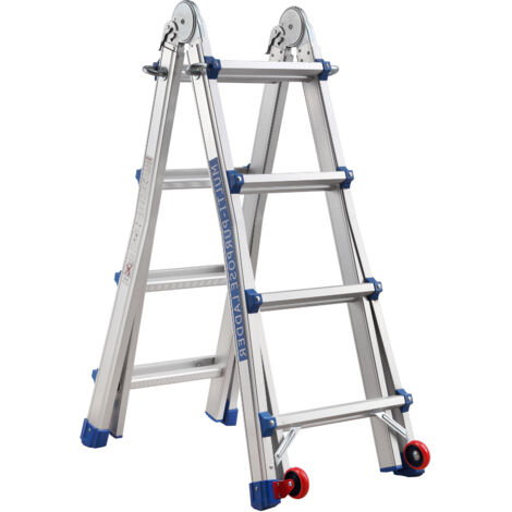 Scala Telescopica Snodabile in Alluminio 4 M TEENO, Scala Snodabile Pieghevole Telescopica 4 x 4 Gradini con Ruote Rimovibili, Struttura Rinforzata, Carico Max 150 kg