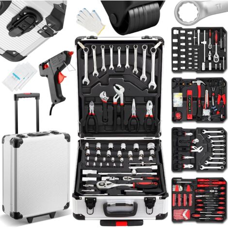 Caisse à outil 1000 pièces teeno, coffret de douilles et embouts kit d'outils universelle, outil multifonction avec valise aluminium et poignée télescopique, malette outils roulante