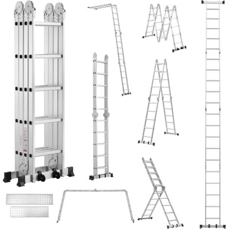 TEENO 5,8 m Scala Multifunzione 7 in 1, 4 x 5 Gradini Scala Trasformabile 20 Gradini, Scala Pieghevole in Alluminio con 2 Piattaforme, Piedini in Gomma, 2 Ruote Rimovibili, Carico 150 kg, Argento