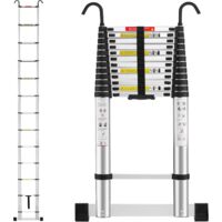 TEENO Scala Telescopica in Alluminio, Altezza 5m, con Barra Stabilizzatrice e Ganci Staccabili, Portatile, Salva Spazio, Portata Max 150kg per Riparazione Domestica