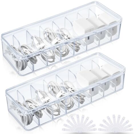 Boîte de rangement de câbles avec 10 attaches de câble, boîte de rangement de câbles en plastique transparent avec couvercle, boîte de rangement de chargeur électronique pour boîte de rangement de tél (1/5)