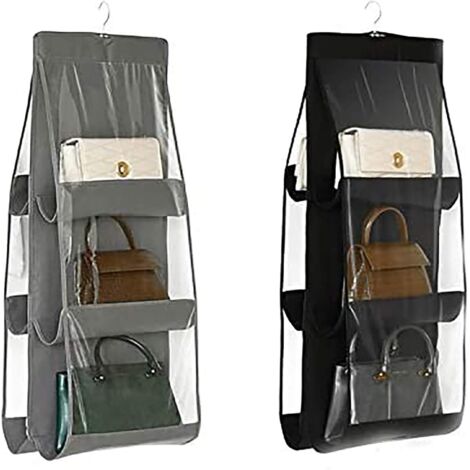 Organisateur de sac à main à suspendre, lot de 2 6 poches anti-poussière support de rangement sac garde-robe système d'organisation peu encombrant, lavable (noir + gris) (1/5)