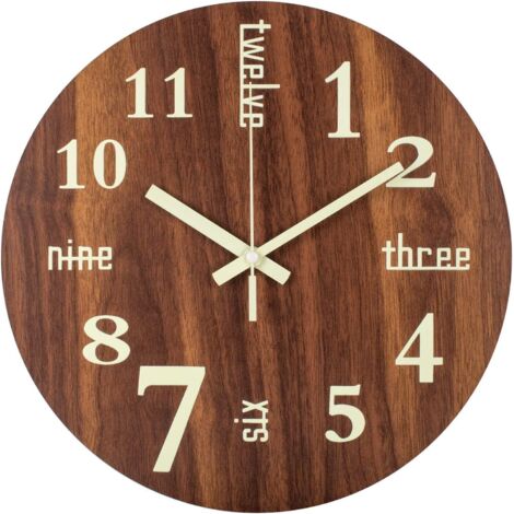Horloge Murale, 30 cm Horloge Murale Veilleuse avec Mots Chiffres Rétro, Silencieux Non-Ticking à Piles Analogique Bois (1/5)