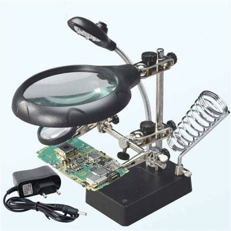 Station Troisième Main au Soudage 5LEDs Loupe à Poser 2,5X/7,5X/10X Lentille Support avec Pince pour Soudure Réparation Modelage - Noir